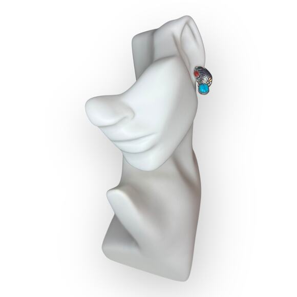 VTG Authentic Navajo Native American Sterling Silver Earrings Turquoise & Coral - Picture 4 of 5